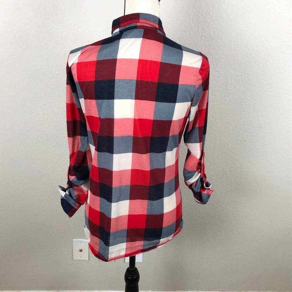 R N B Shirt Red Black Check Roll Tab Button Up Pockets Colorful Womens Medium - Picture 12 of 15